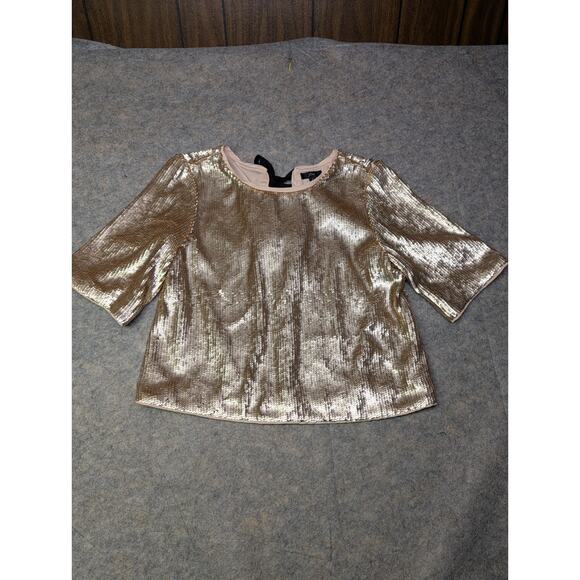NWT J Crew Rose Gold Sequin Tie Back Top Sz 8 Holiday Party Preppy Elbow Sleeve - Picture 2 of 8